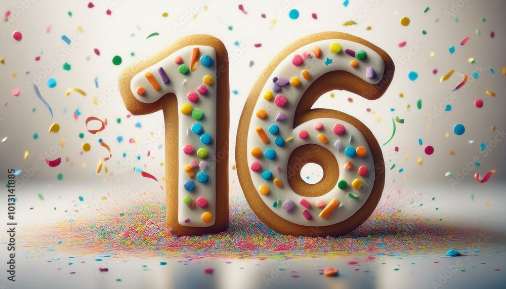 Fototapeta premium Decorated cookie, number 16, illustration for birthday or anniversary celebration