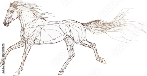 A horse is running in the air with its mane flowing behind it. The horse is depicted in a very stylized way, with its legs spread out and its body elongated. The image has a sense of motion and energy