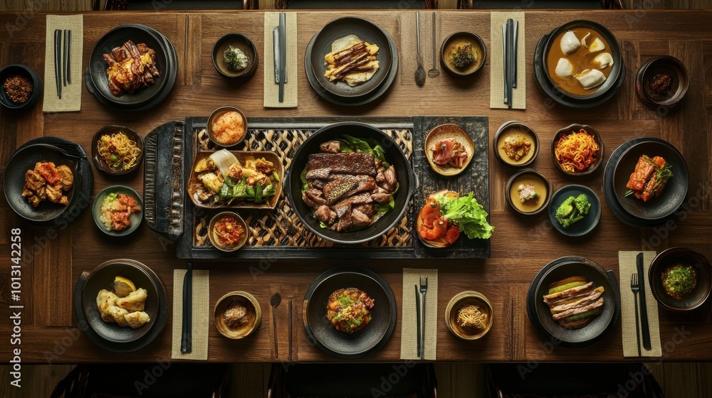 Fototapeta premium A stunning view of a traditional Korean dining table set with an array of dishes, showcasing the importance of presentation in Korean cuisine.