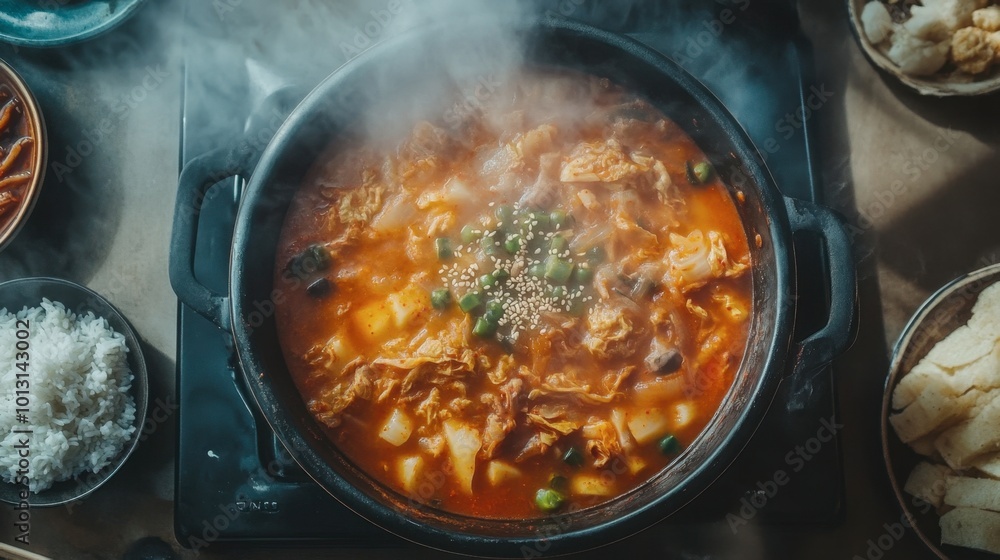 A traditional Korean pot filled with kimchi jjigae (kimchi stew), bubbling away on the stove, accompanied by rice and a variety of side dishes. A traditional Korean pot filled with kimchi jjigae (kimchi stew), bubbling away on the stove, accompanied by rice and a variety of side dishes.