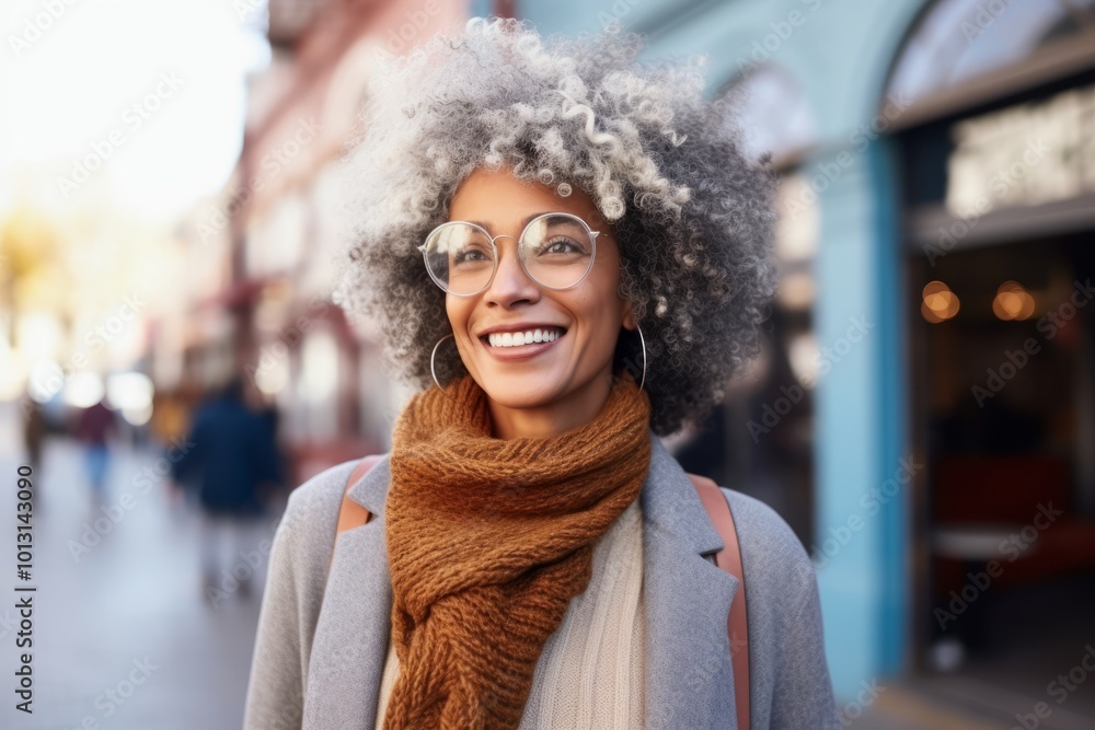 Portrait of a beautiful afro american woman in eyeglasses and scarf on the street Portrait of a beautiful afro american woman in eyeglasses and scarf on the street