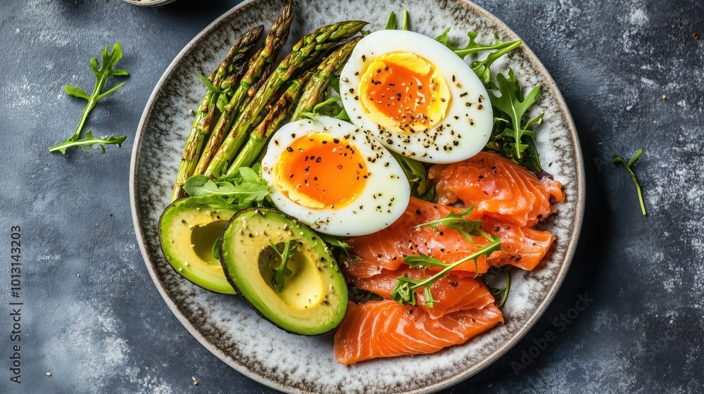 A beautifully organized plate with eggs, smoked salmon, asparagus, avocado, and arugula for a healthy meal. A beautifully organized plate with eggs, smoked salmon, asparagus, avocado, and arugula for a healthy meal.