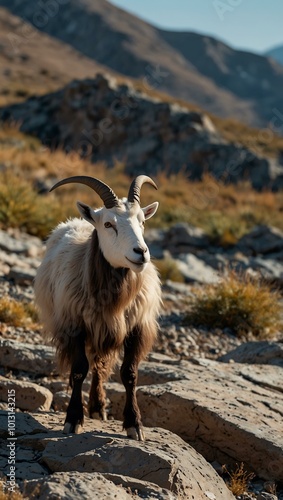 Wild goat on rocky terrain with hills behind.