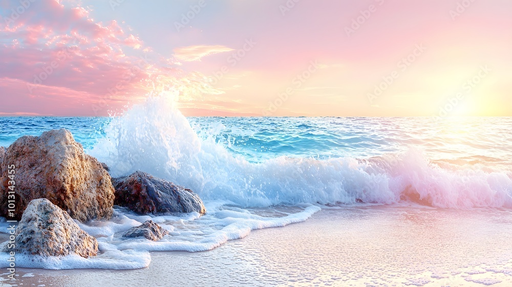 Fototapeta premium Sunset Beach Waves and Rocks