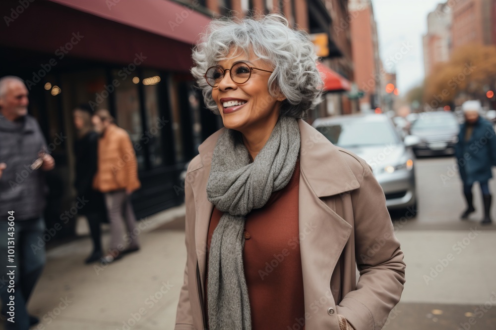 Cheerful senior woman walking in the city. Mature woman wearing coat and scarf. Cheerful senior woman walking in the city. Mature woman wearing coat and scarf.