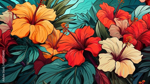 A vibrant tapestry of tropical blossoms, with delicate hibiscus flowers in shades of orange, red, and cream, nestled amidst lush foliage, creating a harmonious symphony of color and texture.