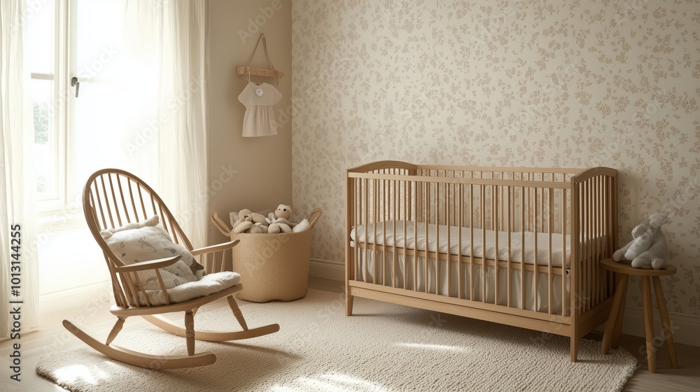 A serene nursery featuring a wooden crib, a rocking chair, and soft light creating a warm and peaceful setting. A serene nursery featuring a wooden crib, a rocking chair, and soft light creating a warm and peaceful setting.