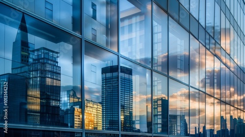 The reflection of a cityscape on a glossy dark tinted office building window.