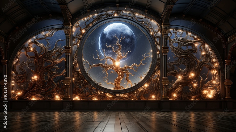 Fototapeta premium An ethereal, circular window, with a glowing golden tree and a crescent moon, set into the ornate walls of a mysterious, darkened chamber.