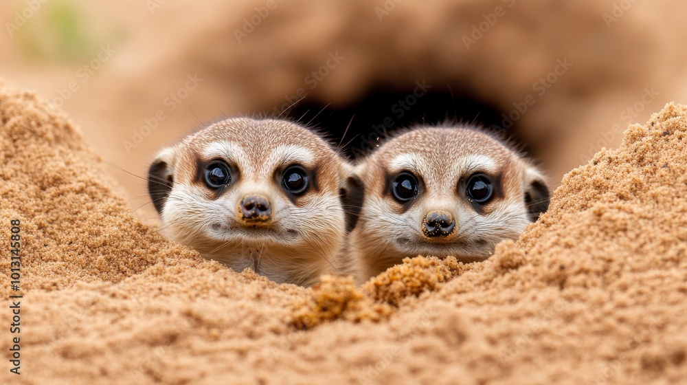 Fototapeta premium Meerkats Digging Through Sand to Uncover Hidden Food Showcasing Natural Behavior