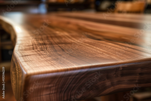 A close-up shot of the edge and wood grain texture on a walnut table.