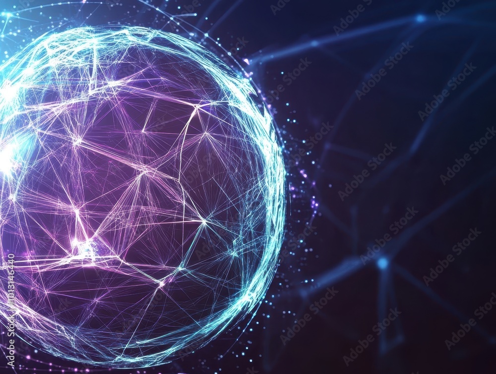 A glowing sphere of purple and blue interconnected energy lines and particles, suspended in space with an abstract web-like structure. A glowing sphere of purple and blue interconnected energy lines and particles, suspended in space with an abstract web-like structure.