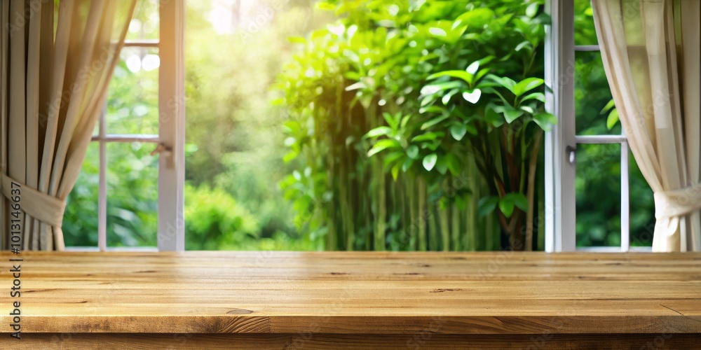 A wooden table top, complemented by a softly blurred curtain window and an abstract green garden view, inspires A wooden table top, complemented by a softly blurred curtain window and an abstract green garden view, inspires