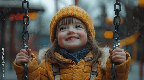 A little girl with Down syndrome smiles while swinging on a swing set in the snow.