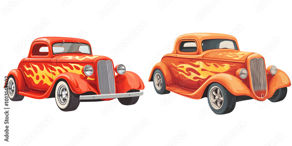 Naklejka premium hot rod car clipart, retro muscle car, flames on the sides, isolated on transparent background