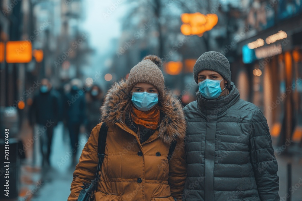 Family wearing protective face masks standing on city street Family wearing protective face masks standing on city street