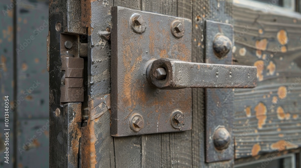Fototapeta premium An industrialstyle exterior door handle made of solid iron and featuring a large square front plate and a sy angled lever.