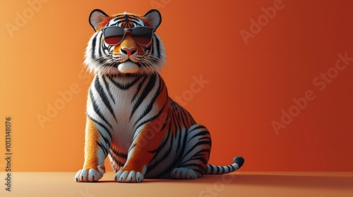 Stylish Tiger Wearing Sunglasses Sits Confidently photo