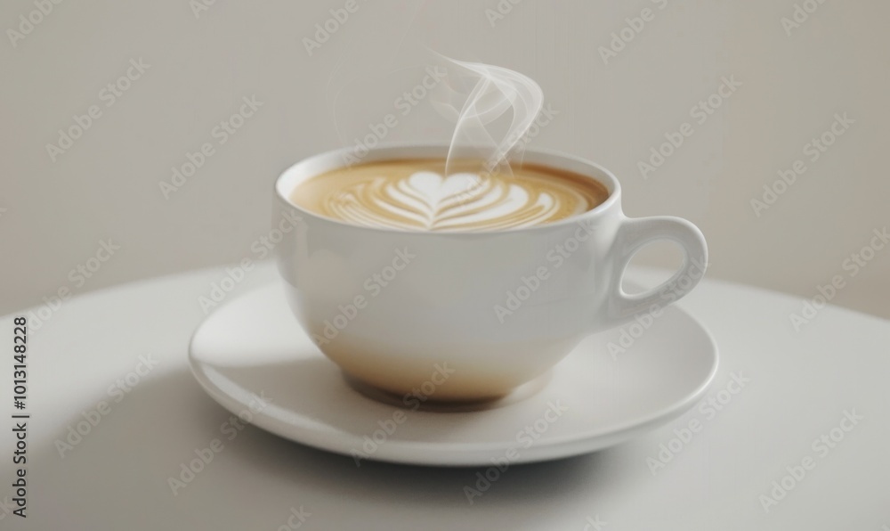 Steaming cup of coffee with latte art, white background, 4K hyperrealistic photo Steaming cup of coffee with latte art, white background, 4K hyperrealistic photo