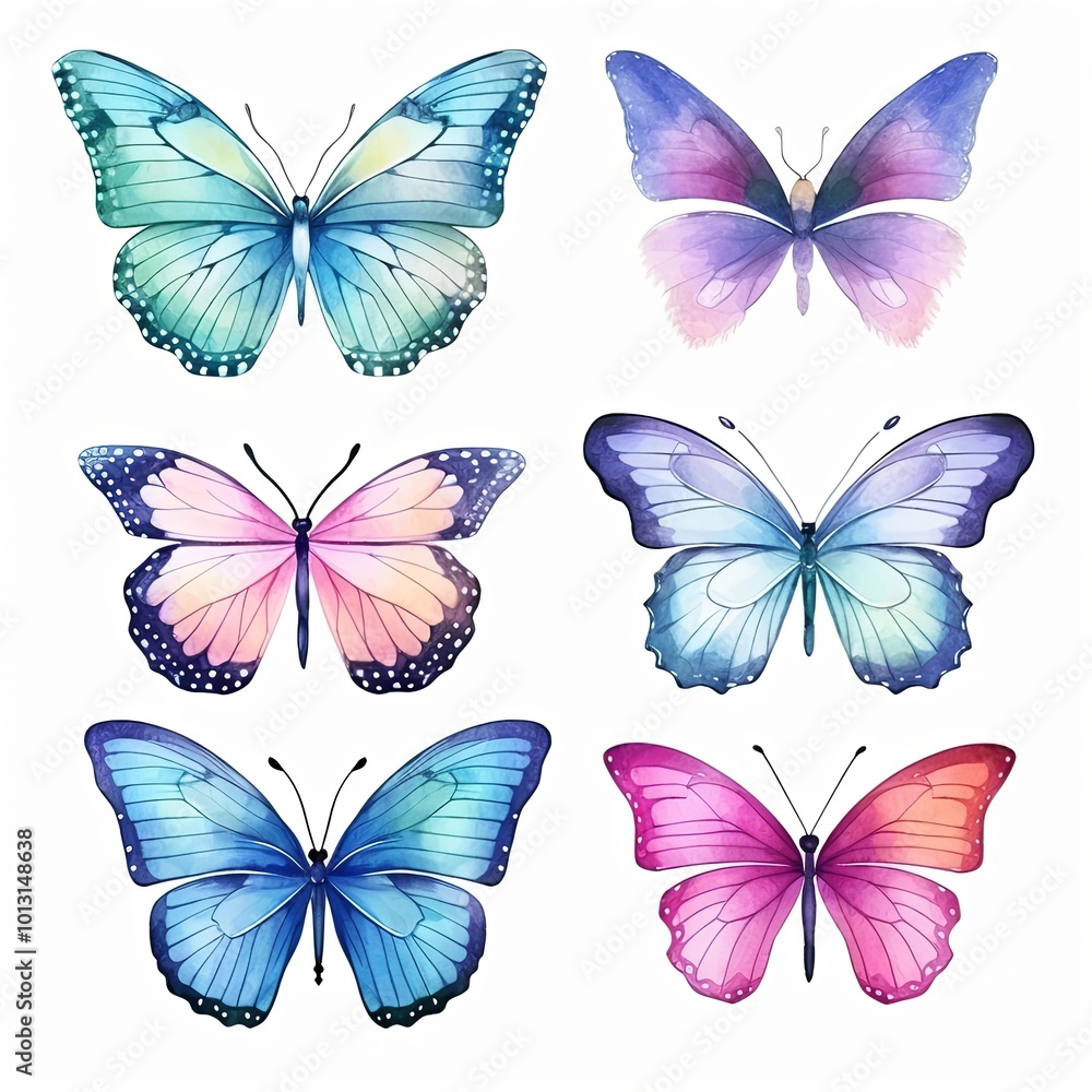 Set of beautiful exotic butterflies with colorful wings on white background Set of beautiful exotic butterflies with colorful wings on white background