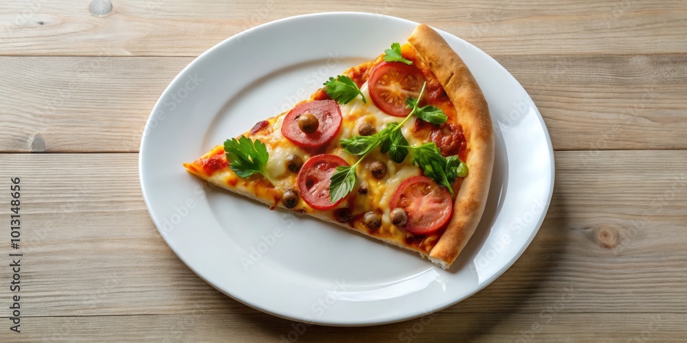 Bird's-eye view of a delicious pizza slice on a white plate, perfect for culinary lovers and straightforward eating Bird's-eye view of a delicious pizza slice on a white plate, perfect for culinary lovers and straightforward eating