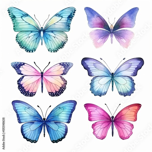 Set of beautiful exotic butterflies with colorful wings on white background