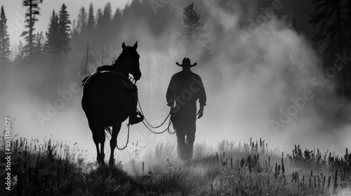 Silhouettes of a Cowboy and Horse in Foggy Meadow