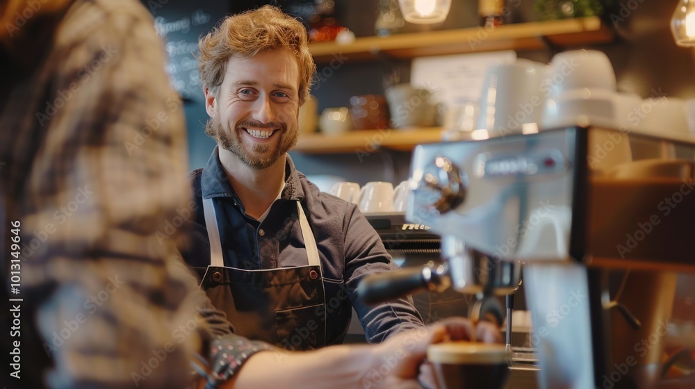The barista smiles as he hands the customer fresh coffee. The barista smiles as he hands the customer fresh coffee.