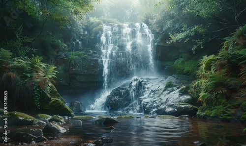 Breathtaking remote waterfall scene, 4K hyperrealistic photo photo