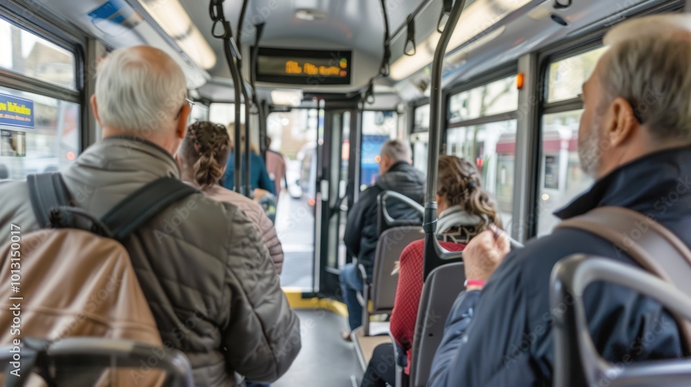 A bus driver greeting passengers as they board the bus, with the interior of the bus and rows of seats visible A bus driver greeting passengers as they board the bus, with the interior of the bus and rows of seats visible