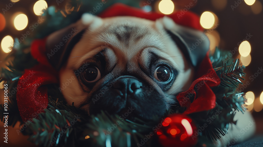 A pug dog is in a wreath of Christmas decorations A pug dog is in a wreath of Christmas decorations