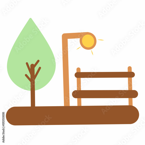 Vector illustration of a park icon with bench, trees, nature, outdoor furniture, city, and public space