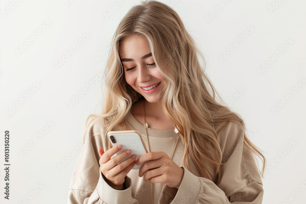 Charming young girl teenager with long hair and a soft smile, looking at her phone. Ideal for lifestyle, technology, and social media themes, Charming young girl teenager with long hair and a soft smile, looking at her phone. Ideal for lifestyle, technology, and social media themes,