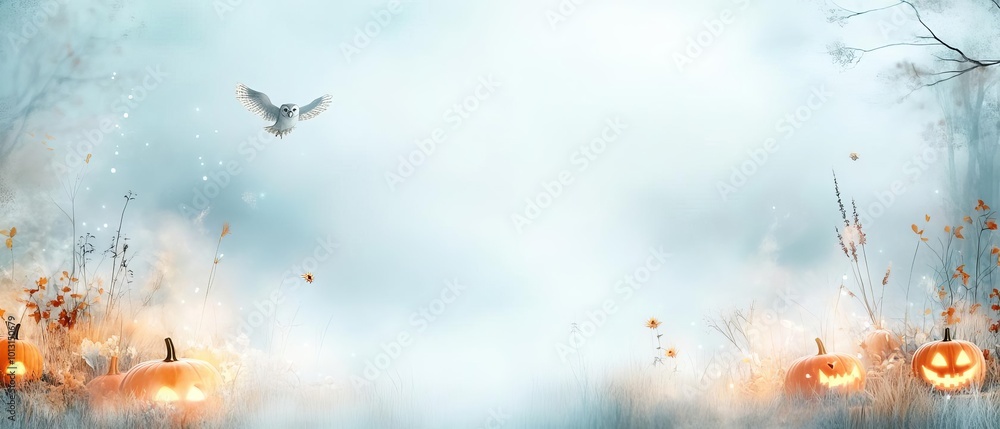 An owl flying over a haunted graveyard filled with glowing jackolanterns and fog, perfect for Halloweenthemed promotional use An owl flying over a haunted graveyard filled with glowing jackolanterns and fog, perfect for Halloweenthemed promotional use
