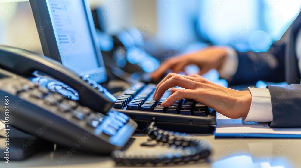 A close-up of a receptionist typing on a keyboard, with a telephone and a notepad on the desk A close-up of a receptionist typing on a keyboard, with a telephone and a notepad on the desk