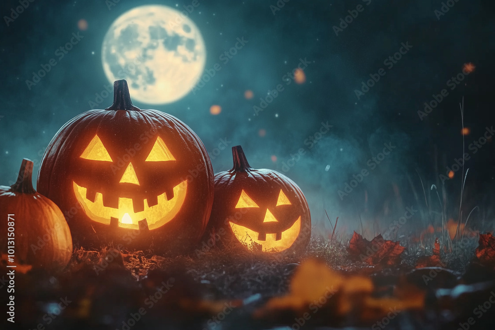 Glowing Jack O' Lanterns at Moonlight in Spooky Halloween Night Scene with Flickering Pumpkins and Creepy Shadows Glowing Jack O' Lanterns at Moonlight in Spooky Halloween Night Scene with Flickering Pumpkins and Creepy Shadows