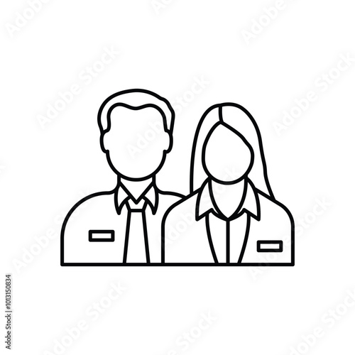 Company staff linear icon. Man and woman in uniform. Official business representatives. Thin line customizable illustration. Contour symbol. Vector isolated outline drawing.