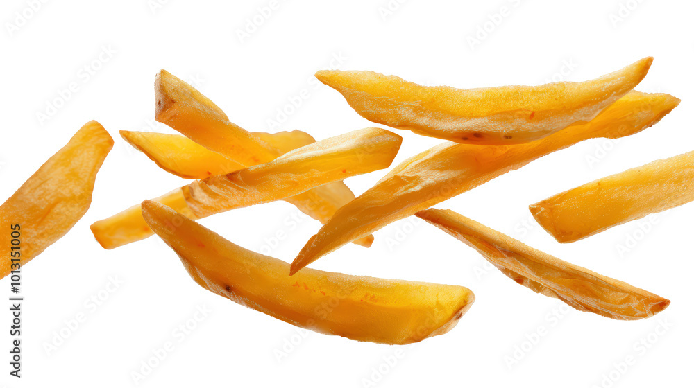 Flaying french potato fries isolated on transparent background. Flaying french potato fries isolated on transparent background.