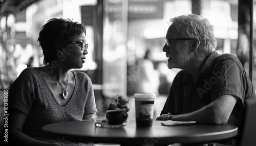 Capture two or more people engaged in deep conversation, focusing on their facial expressions and body language in natural light