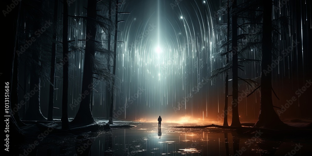 Fototapeta premium A lone figure stands in a forest illuminated by a radiant ethereal light, shimmering streams of luminescence cascading through the trees, reflecting in the still water below.
