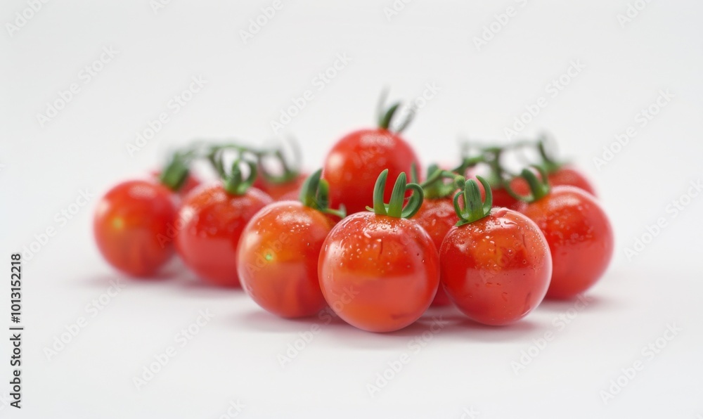 Bright red cherry tomatoes, white background, 4K hyperrealistic photo Bright red cherry tomatoes, white background, 4K hyperrealistic photo