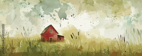 Rustic farmhouse with a red barn and windmill, evoking the essence of country living, flat, vector illustration, Vintage hand