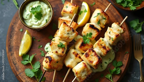 Juicy chicken malai boti skewers with creamy dip (Pakistani Cuisine) photo