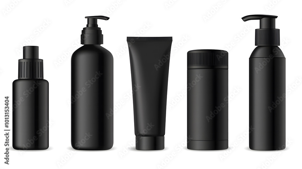 Black cosmetic bottle set, vector illustration on a white background design. Realistic, hyper-detailed style art design Black cosmetic bottle set, vector illustration on a white background design. Realistic, hyper-detailed style art design