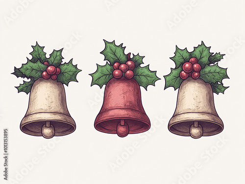 Vintage Christmas Bells with Holly and Berries Illustration photo