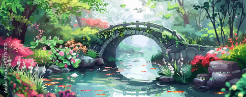 Serene garden scene with a koi pond, blooming flowers, and a stone bridge, flat, vector illustration in watercolor style