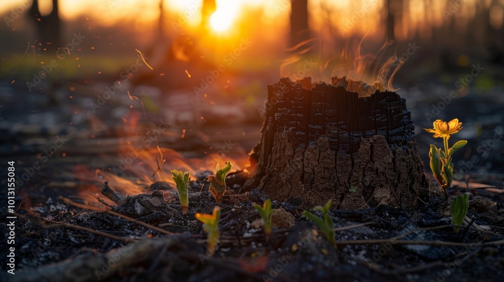 Fototapeta premium New life emerges from a burnt tree stump as the sun rises, showcasing resilience in nature after a fire disaster.