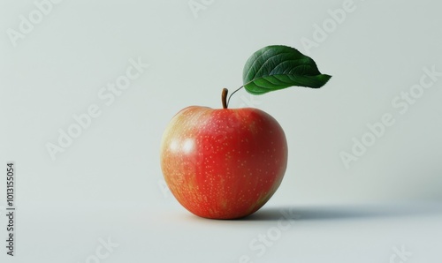 Red apple with a single leaf, white background, 4K hyperrealistic photo