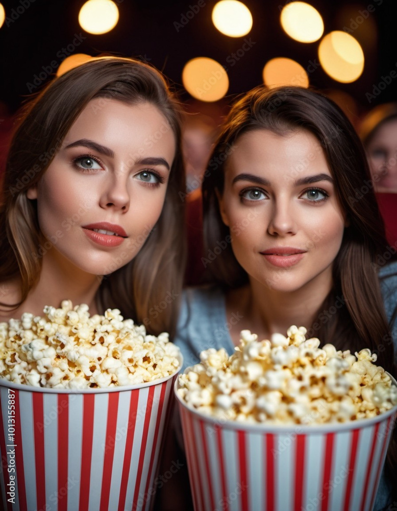 Two girls are seated side by side in a cinema, each holding a large bucket of popcorn. Generative AI Two girls are seated side by side in a cinema, each holding a large bucket of popcorn. Generative AI
