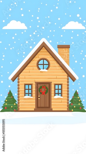 Cozy Cottage with Christmas Wreath on Door